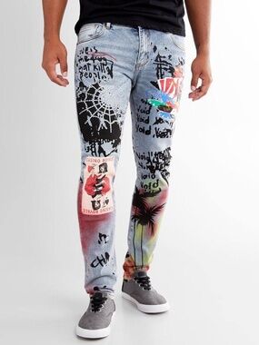 Like New [Embellish] Graffiti < Storm > Skinny Stretch Slim Blue Jeans | Mens 34